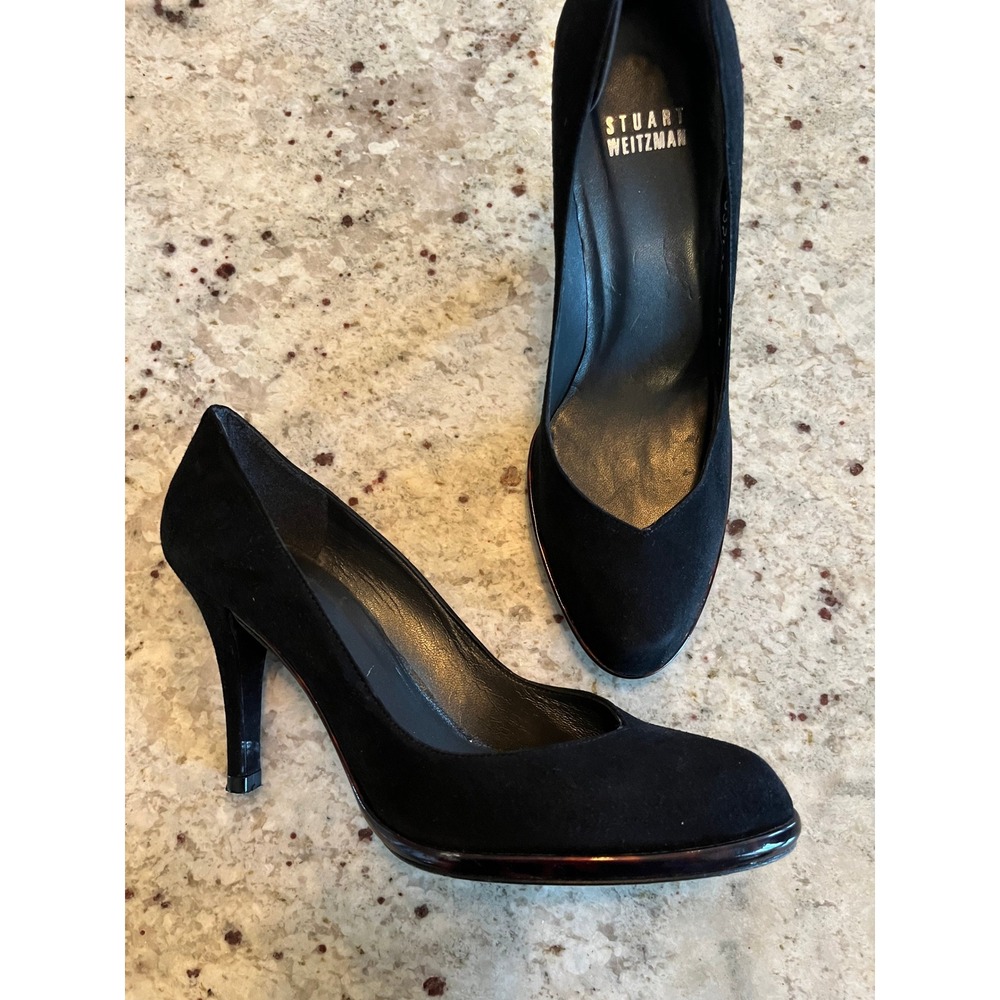 Stuart Weitzman Black Suede V-Cut Vamp Pumps Tortoise Trim Heels‎ Size 5.5 M